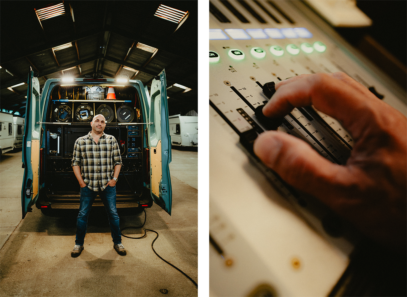 Two photos: In the first photo, Marc Broer is standing with his hands in his pockets in front of the back of his recording booth. The doors of his booth are open, allowing you to look inside. The second photo is a close-up of a hand using a sound panel.